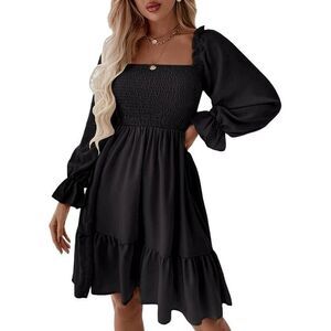 Women's Square Neck Long‎ Puff Sleeve Dress A Line Black XL